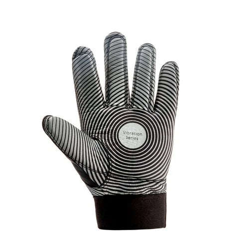 A single athletic glove shown from the back, featuring a black and white striped pattern with concentric circular lines on the back of the hand and a solid black wrist cuff. A circular label in the center reads 'Vibration Series'.
