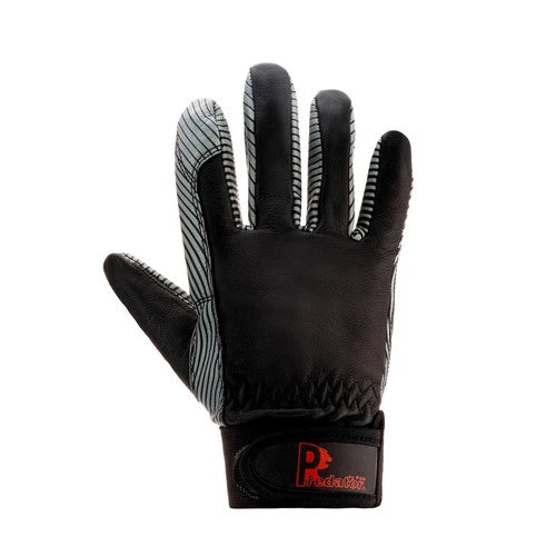 A single black winter glove with gray and white striped fingers and thumb, featuring a black wrist strap with a red 'P' logo and 'Product66' text, shown against a plain white background.