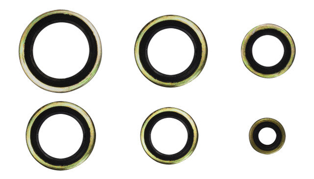 Set of six bonded seal washers with black rubber seals on a white background