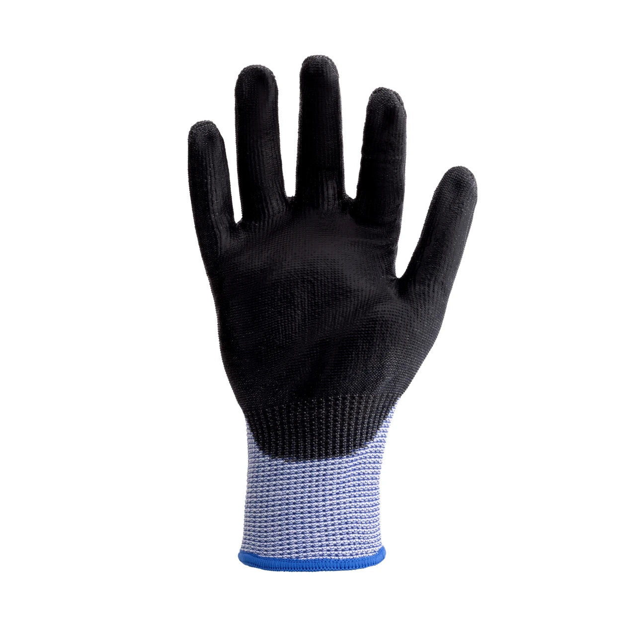 A single knit work glove shown flat against a white background, featuring a black coated palm and fingers with a blue and white striped knit cuff.