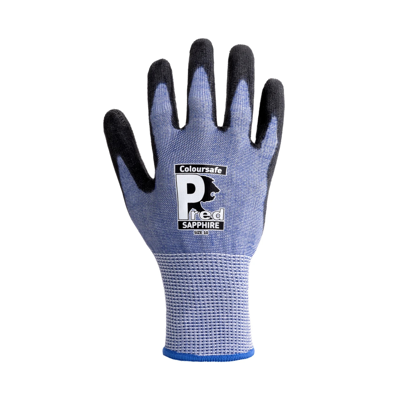 A single work glove shown flat against a white background, featuring a blue and gray knitted back with black-painted fingertips and a white, black, and blue Coloursafe P flex Sapphire label on the back of the hand.