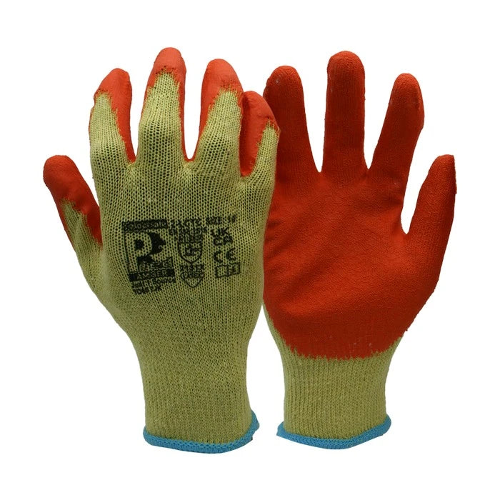 A pair of knit work gloves shown against a plain white background, with one glove displaying the back and the other the palm side. The gloves feature a light olive green knit body, bright orange-painted fingertips and palms, and a light blue trim at the cuffs.