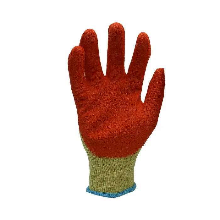 A single knit work glove shown flat against a white background, featuring a bright red palm and fingers with a light olive green ribbed cuff and a thin blue trim at the wrist.