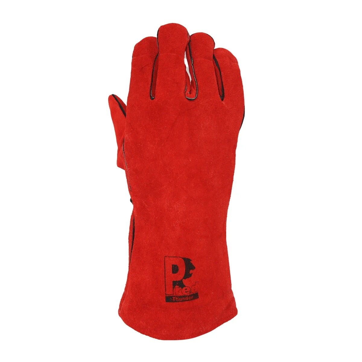 A single red leather work glove shown flat against a white background, featuring black trim and a black 'Predator' logo near the cuff.