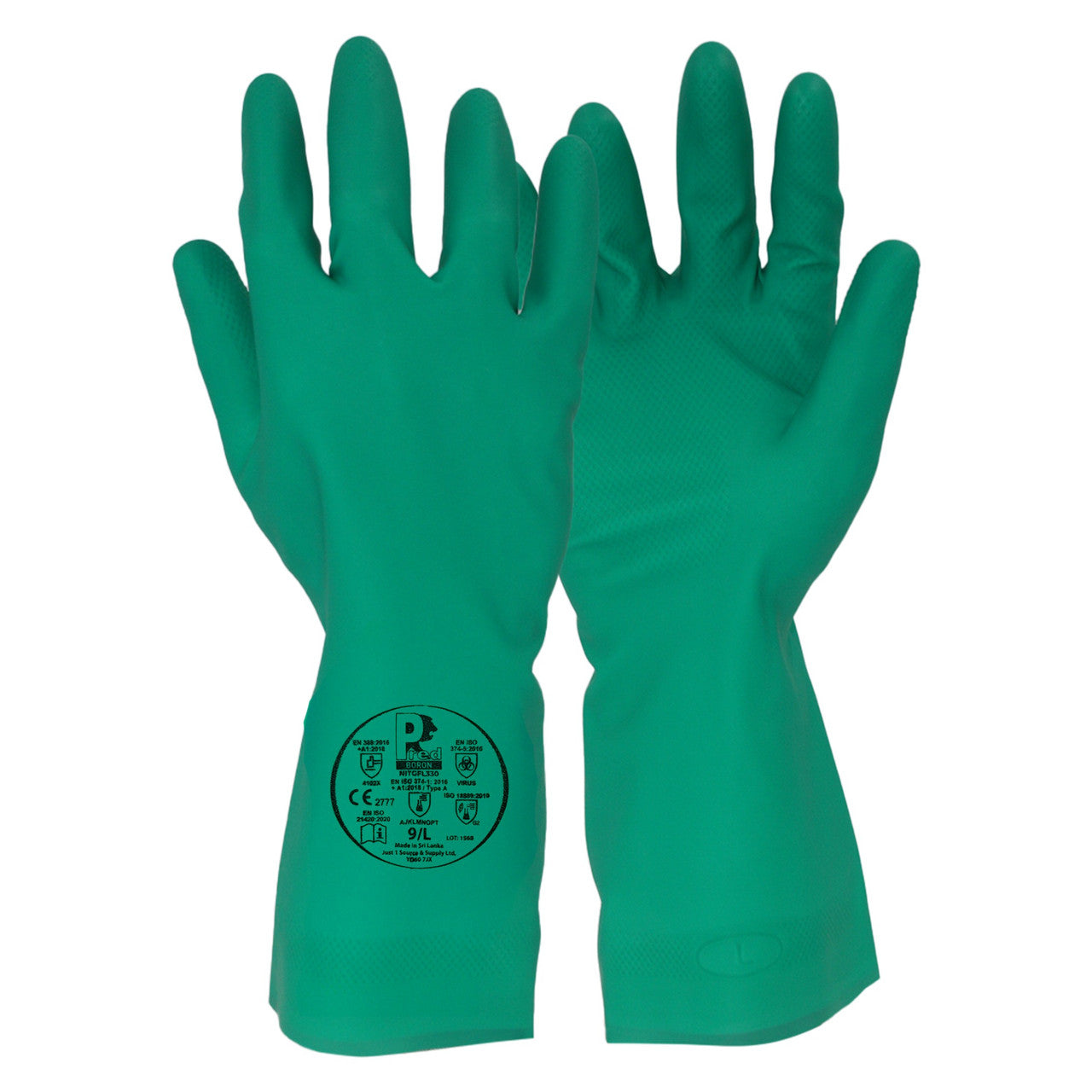 A pair of green predator nitrile work gloves shown flat against a white background, with one glove displaying a circular black compliance label on the back of the hand.
