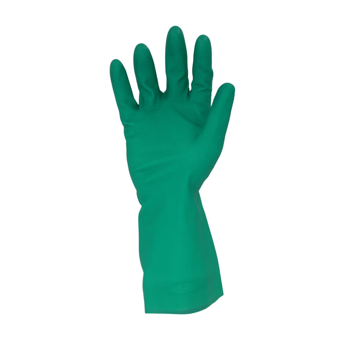 A single green rubber work glove shown flat against a plain white background.