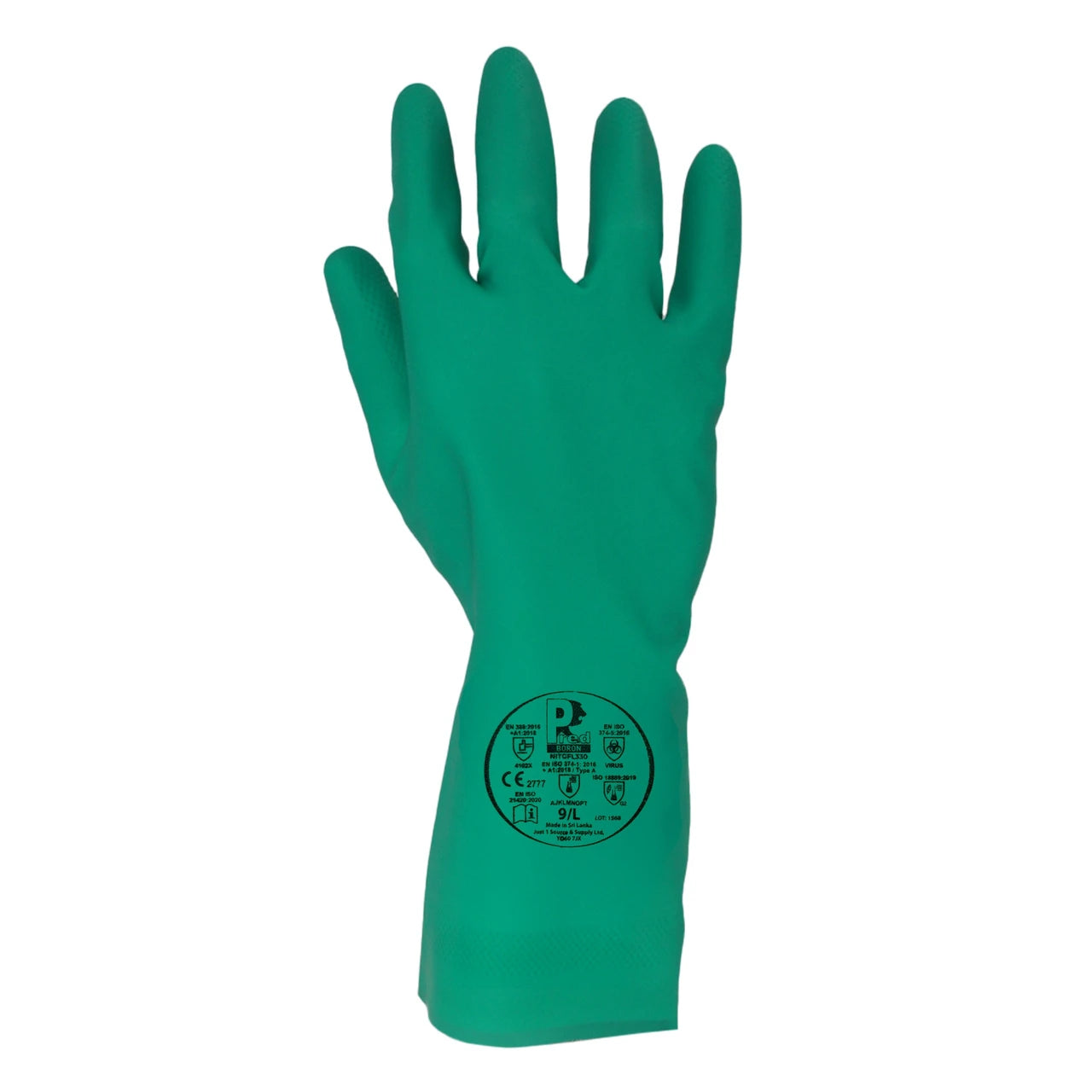 A single green rubber work glove shown flat against a plain white background.
