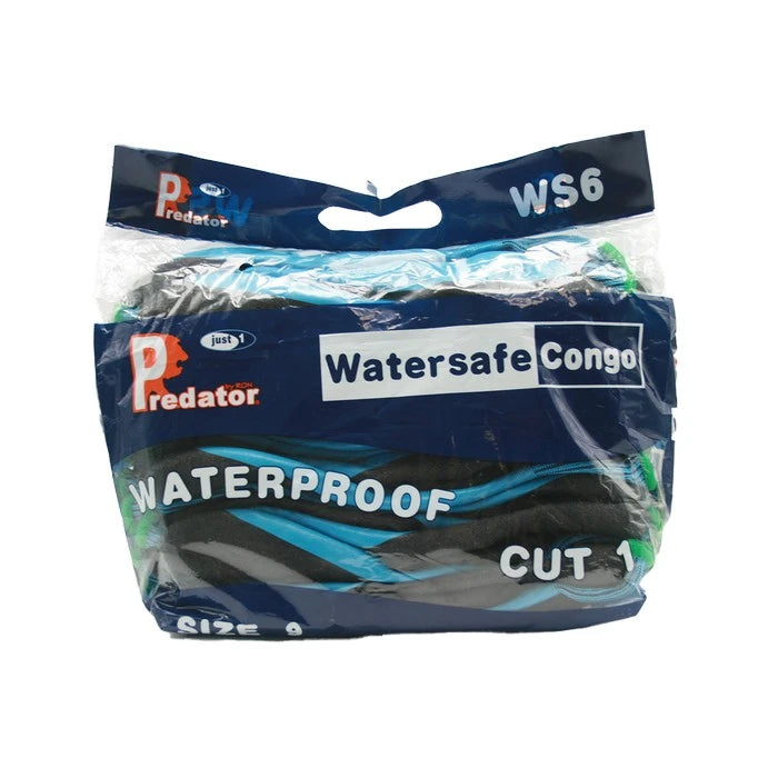 Packaged Predator Watersafe Congo Waterproof gloves, size WS6, in a clear plastic bag with a blue printed header.