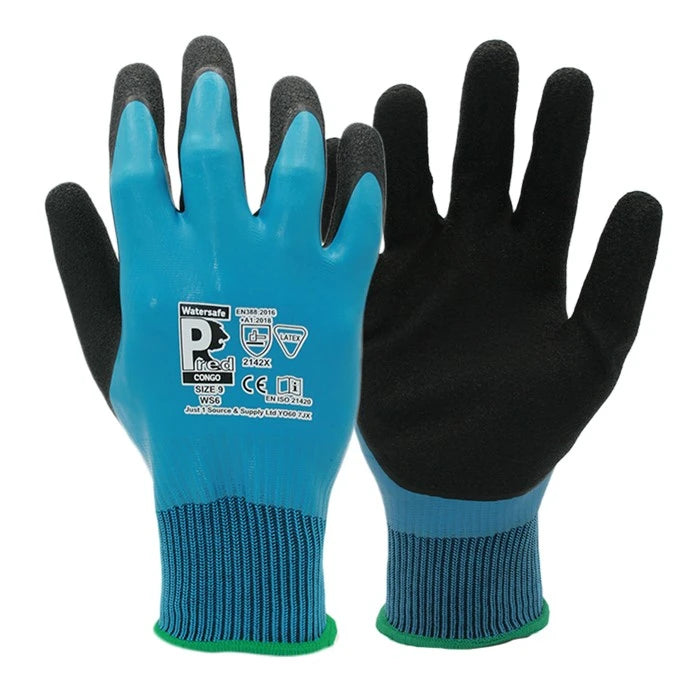A pair of blue and black Predator co-extruded work gloves with green trim, showing both the coated back of the hand and the bare palm side.