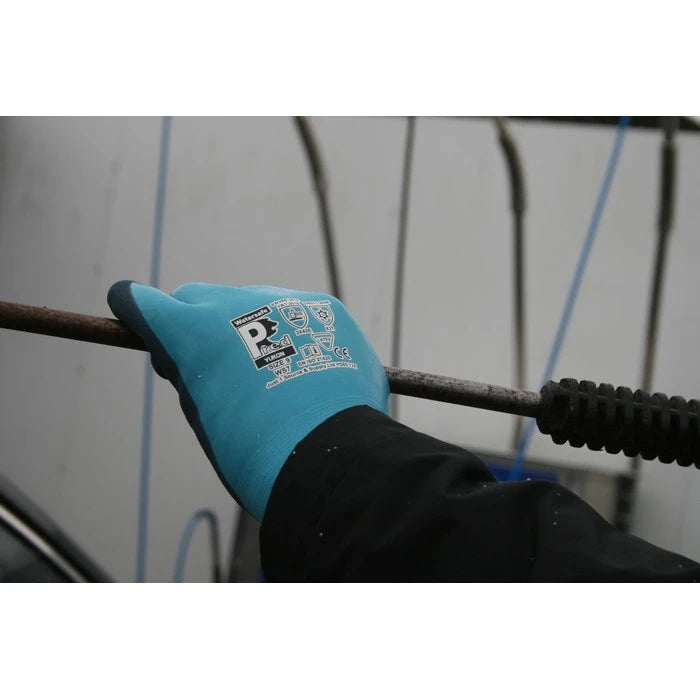 A close-up of a person's hand wearing a bright blue and black protective work glove while holding a metal rod. 
