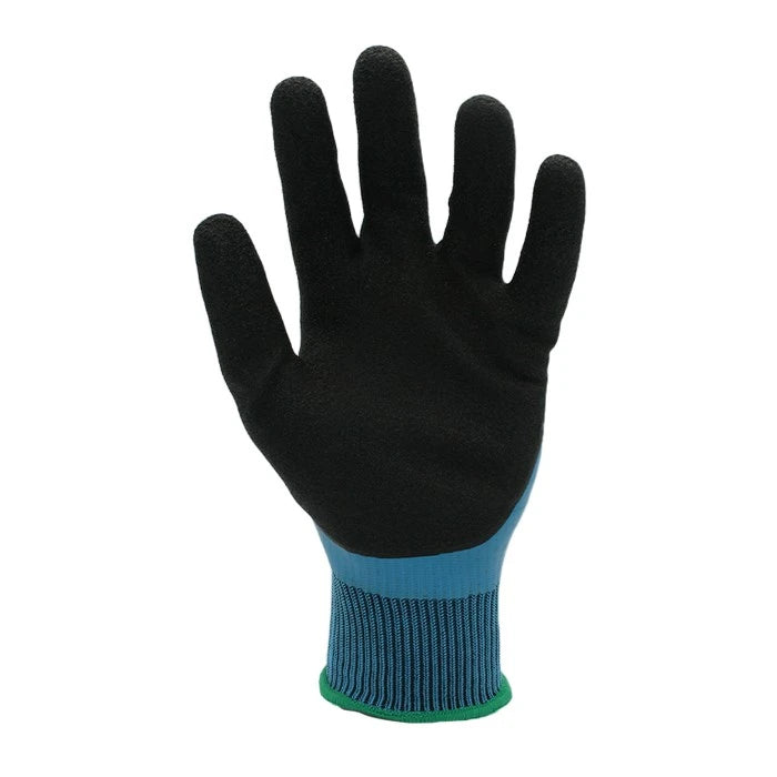 A single work glove shown flat against a white background, featuring a black coated palm and fingers, a light blue ribbed knit cuff, and a green trim at the base of the cuff.