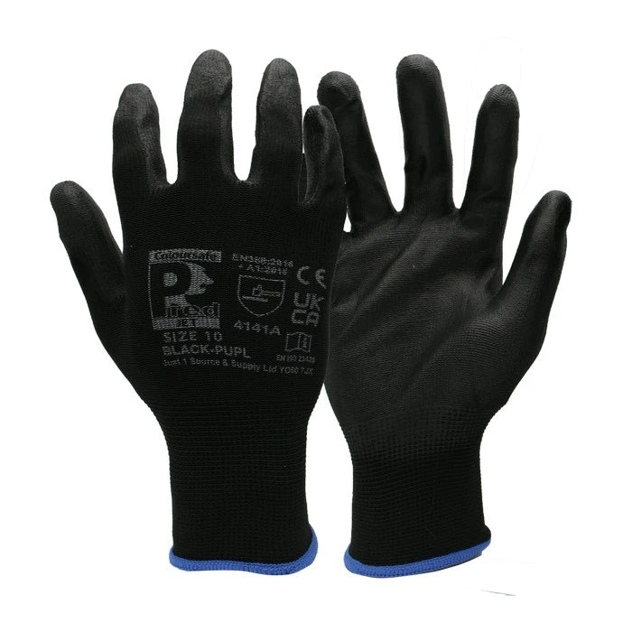 A pair of black work gloves with blue trim at the cuffs, shown against a plain white background. One glove is oriented to show the printed specifications on the back of the hand.