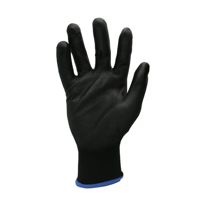 A single black work glove with a blue trim at the cuff, shown against a plain white background.