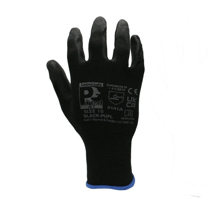 A single black work glove with a blue trim at the cuff, featuring white printed text and certification logos on the back, set against a plain white background.