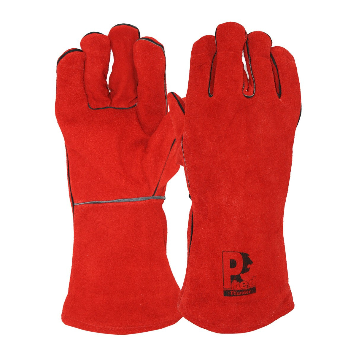 A pair of red leather protective gloves shown flat against a white background, with one glove displaying a black 'Predator' logo on the back.