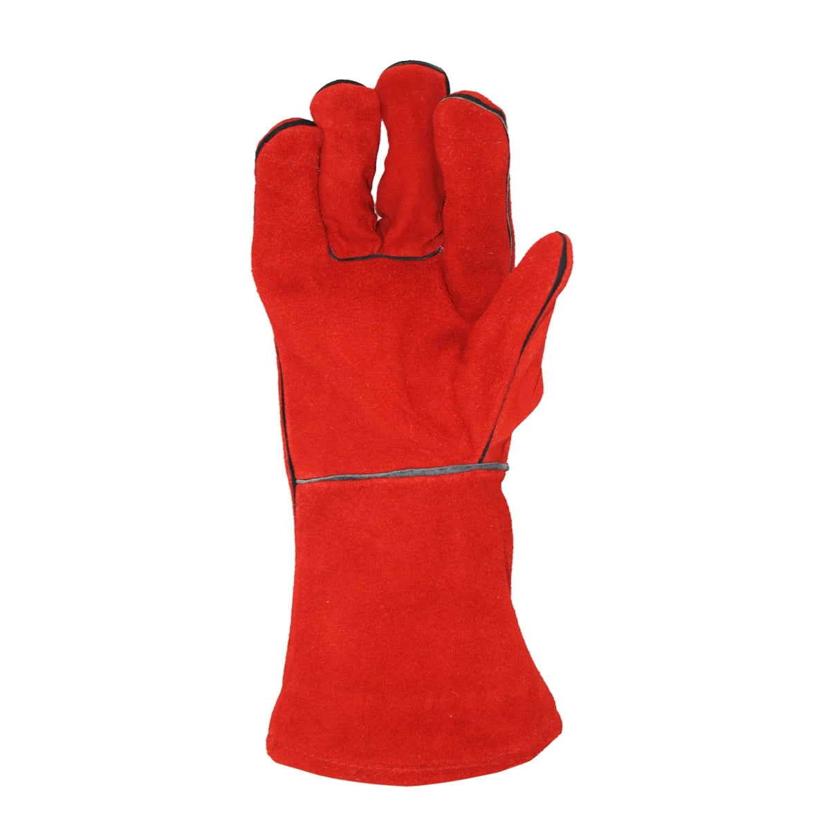 A single red leather protective glove, likely a welding or heat-resistant glove, shown against a plain white background.