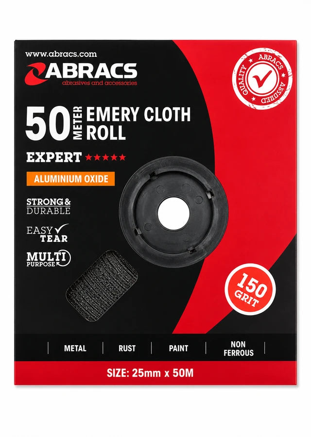 Abracs 50-meter emery cloth roll packaging in black and red, featuring a circular black emery wheel graphic and text highlighting aluminium oxide, 150 grit, and multi-purpose use.