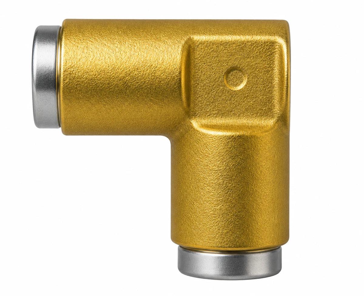 A gold anodized metal 90-degree elbow pipe connector with silver-colored steel end caps, shown on a solid white background.