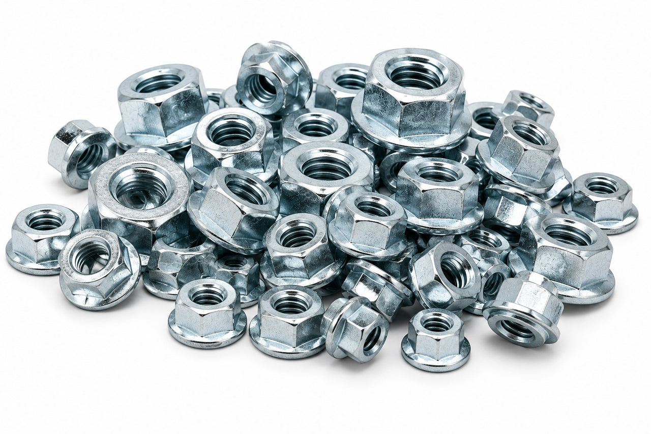 a pile of flanged nuts
