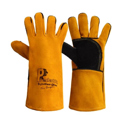 A pair of yellow leather protective work gloves, showing both the back of one glove with a black logo and the other showing the black reinforced palm and wrist area, on a white background.