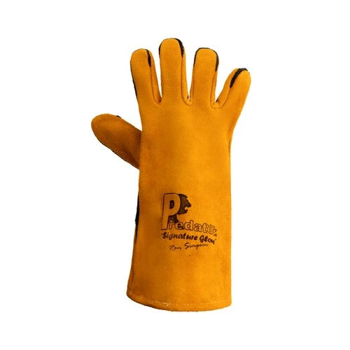 A single yellow leather protective work glove with black trim and a black 'Predator Signature Gear' logo printed on the back, shown against a plain white background.