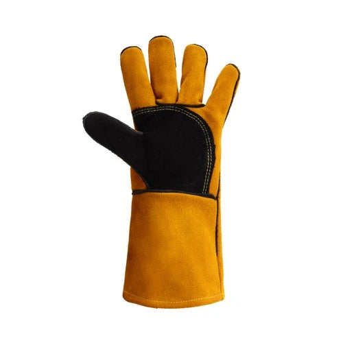 A single leather work glove shown flat against a plain white background, with a yellow-orange leather body and a black reinforced palm area.
