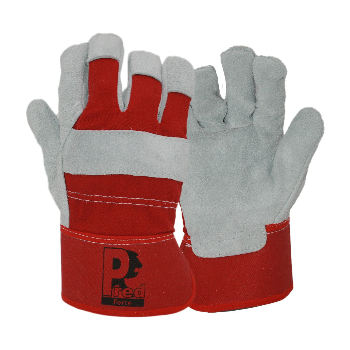 A pair of red and light gray leather work gloves shown against a plain white background, with the brand logo 'Pried Force' visible on the cuff.