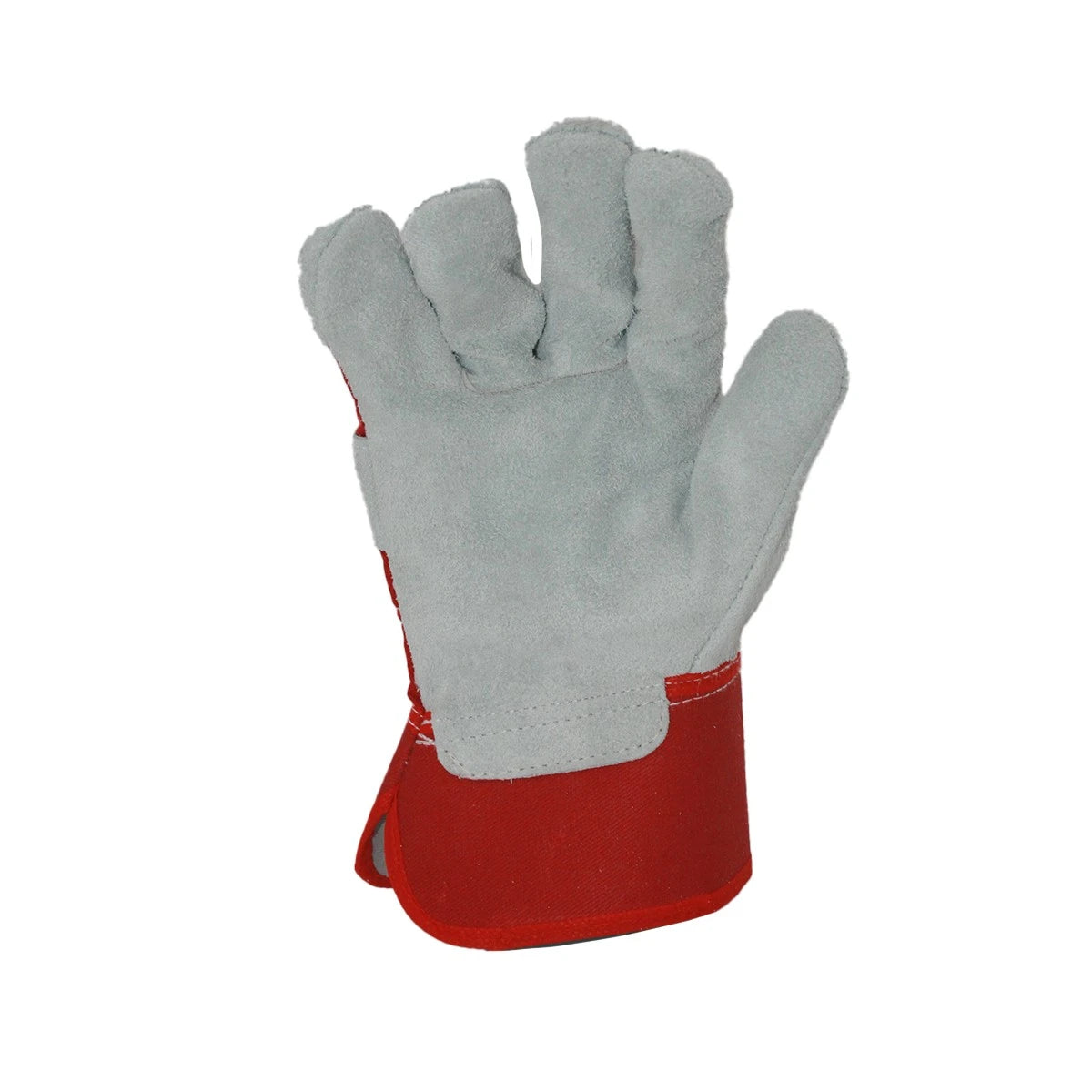 A single heavy-duty work glove with a light gray suede leather back and a bright red leather cuff, shown against a plain white background.