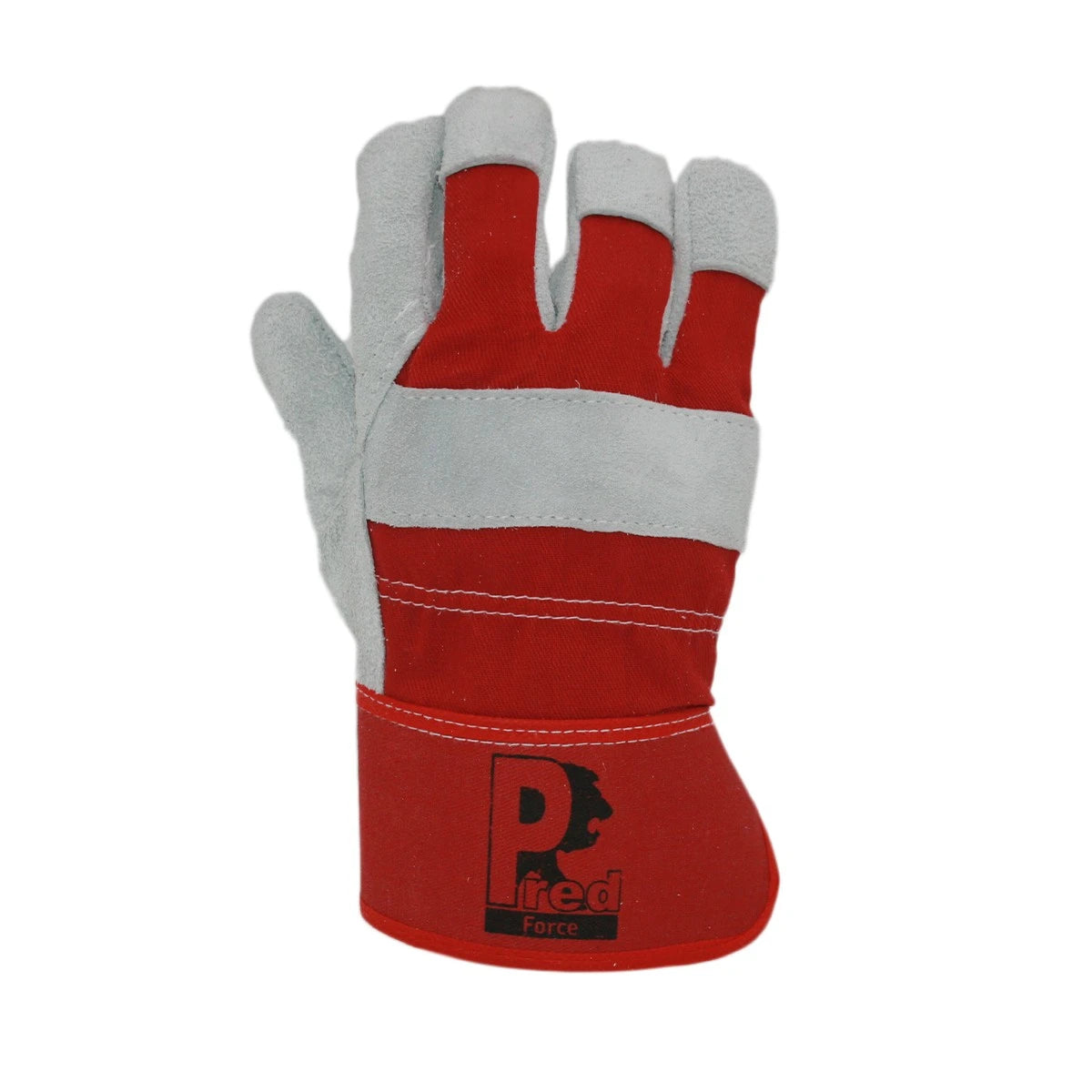 A red and gray leather work glove with a black and white 'Pried Force' logo on the wrist strap, shown against a plain white background.