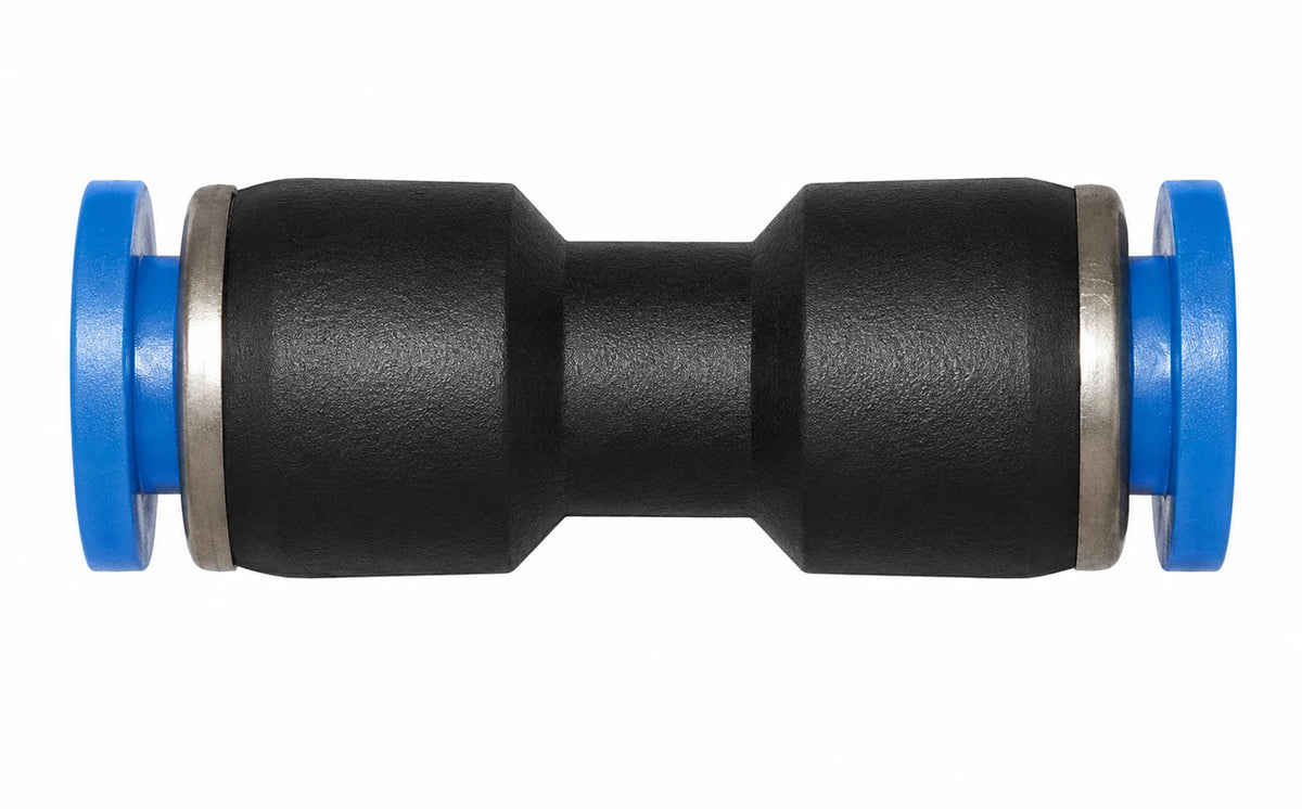 A black textured straight push fit with blue circular end caps and silver metal rings, shown against a plain white background.