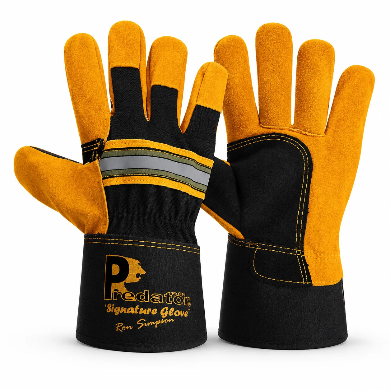 A pair of heavy-duty work gloves in black and yellow, with one glove showing the back and the other showing the palm. The gloves feature a yellow suede-like finish on the fingers and palms, black fabric on the back, a reflective gray stripe across the back, and yellow stitching.