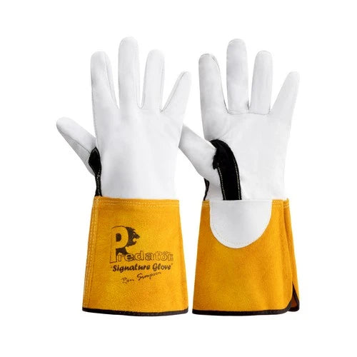 A pair of white leather work gloves with bright yellow wrist guards and black trim, featuring the Predator Signature Glove logo on the left wrist guard, set against a plain white background.