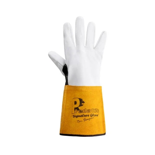 White glove with yellow sleeve featuring a logo on a white background