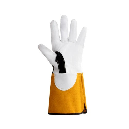 A protective leather work glove with a white hand section, a yellow-orange wrist cuff, and a black wrist strap, shown against a plain white background.