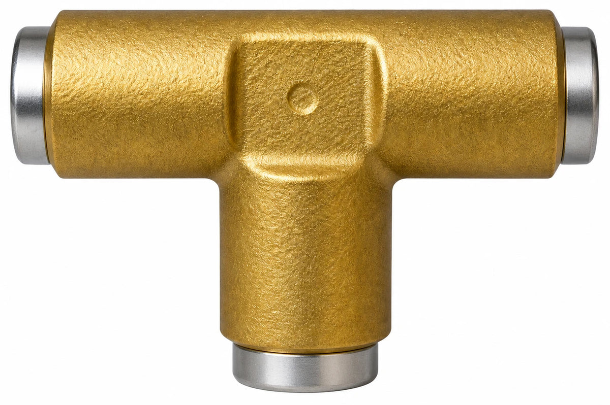 A brass T-fitting with silver metal end caps, isolated on a white background.